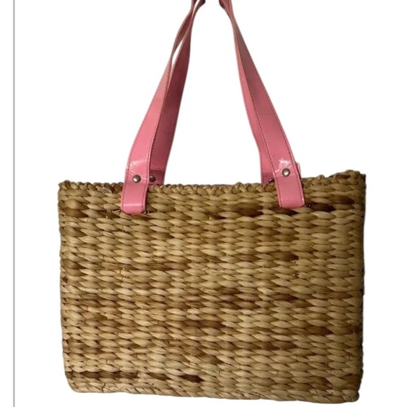 Bloomingdale’s straw bag purse pink patent embroidered beaded beach - Picture 2 of 8